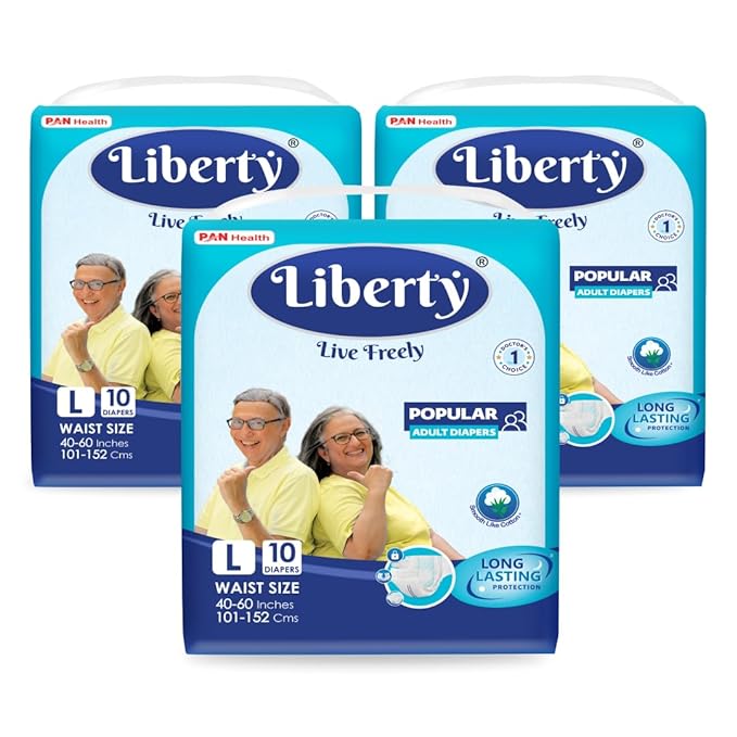 Liberty Popular Adult Diapers, Tape Style, Large (L) Size, 30 Count, Waist Size (101-152cm | 40-60 inches), Unisex, High Absorbency, Leak Proof, Wetness Indicator, Pack of 3, 10 Count/Pack