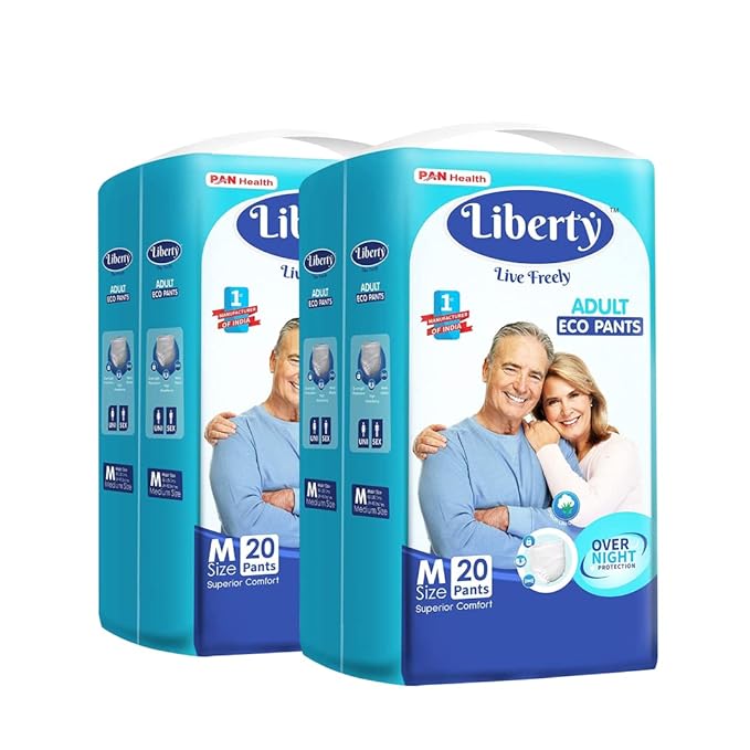 Liberty Eco Adult Diaper Pants, Medium (M) Size, 40 Count, Waist Size (61-115cm | 24-45 inches), Unisex, High Absorbency, Leak Proof, Overnight Protection, Pack of 2, 20 count/pack