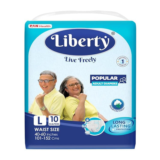 Liberty Popular Adult Diapers, Tape Style, Large (L) Size, 10 Count, Waist Size (101-152cm | 40-60 inches), Unisex, High Absorbency, Leak Proof, Wetness Indicator, Pack of 1