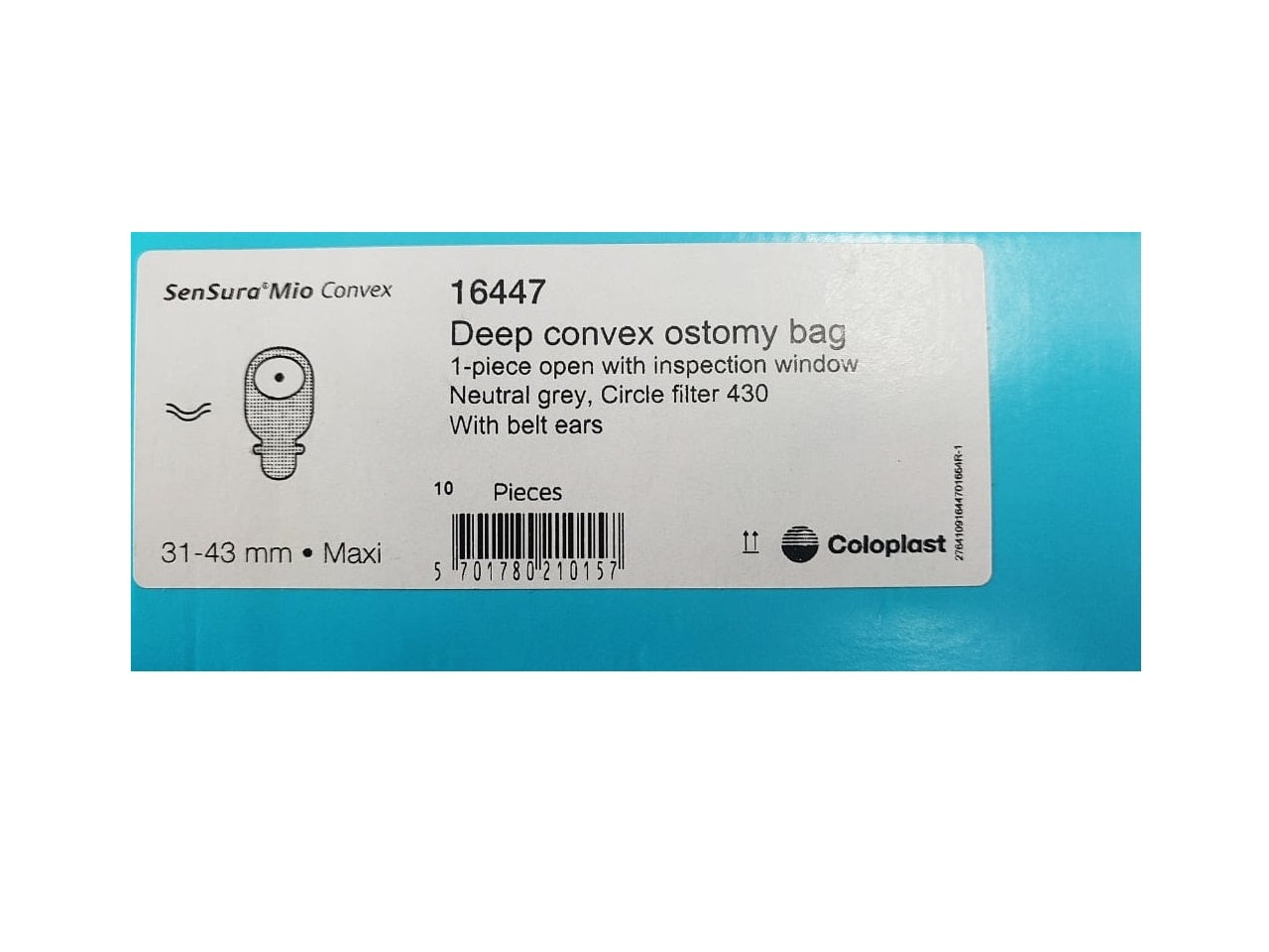 Coloplast Sensura Mio Deep Convex 1-Piece Open with Inspection window Neutral Grey Ostomy Bag 31-43mm 16447 pack of 10