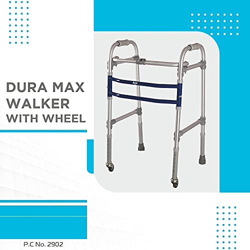 Dura Max Walker with Wheels | (Aluminium) Foldable Walking Aid | Adjustable Height | Light Weight (Grey)