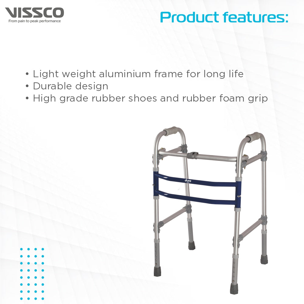 Dura Max Walker (Aluminium) | Foldable Walking Aid | Adjustable Height | Light Weight | With Premium Grade Rubber Shoes and PVC Grip