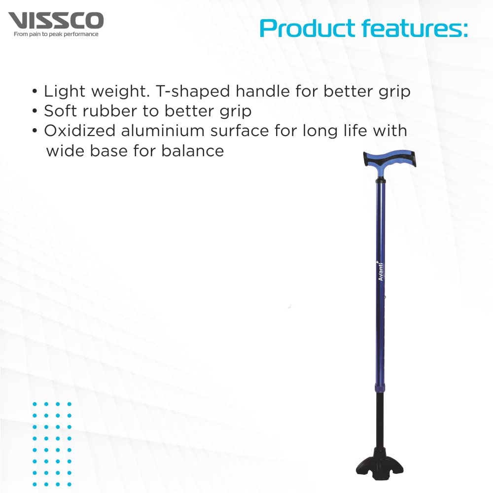 Avanti Plus - T Shape Aluminum Single Stick | Lightweight Walking Stick | Adjustable Height | Big Shoe for Better Grip (Blue)