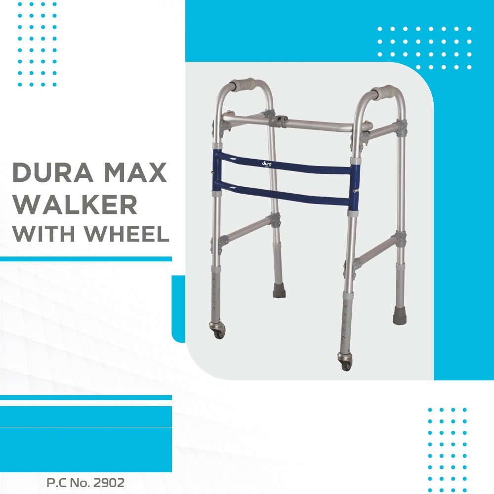 Dura Max Walker with Wheels | (Aluminium) Foldable Walking Aid | Adjustable Height | Light Weight | With Premium Grade Rubber Shoes and PVC Grip (Grey)