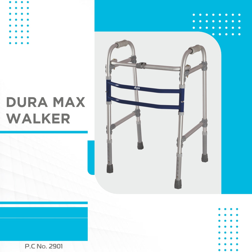 Dura Max Walker (Aluminium) | Foldable Walking Aid | Adjustable Height | Light Weight | With Premium Grade Rubber Shoes and PVC Grip