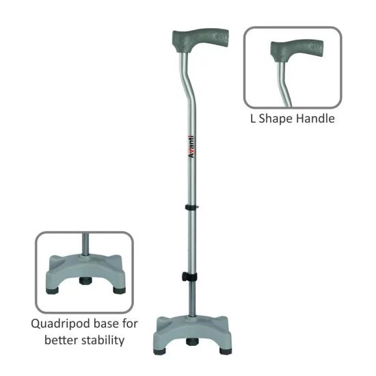 Vissco Avanti L Shape Quadripod Stick | Walking Stick with Adjustable Height | Light Weight | 4 Legged Base (Grey)