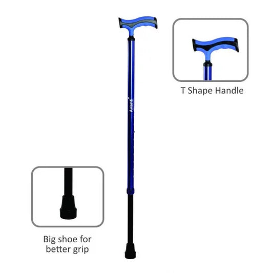 Avanti Plus - T Shape Aluminum Stick | Lightweight Walking Stick | Adjustable Height |Wide Base for Balance (Blue)