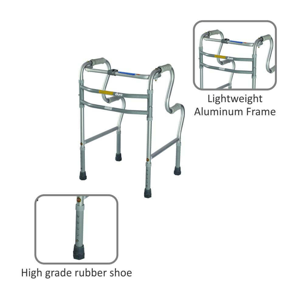 Dura Step Walker (Aluminium) | Foldable Walking Aid | Adjustable Height | Light Weight (Grey)